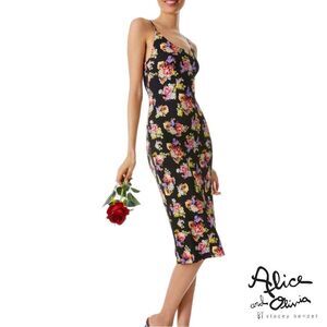 alice + olivia **NWT** Delora Black Magnolia Floral Print Fitted  Midi D…